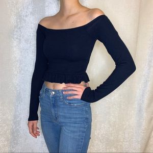 Forever 21 Navy Blue Cropped Off Shoulder Sweater